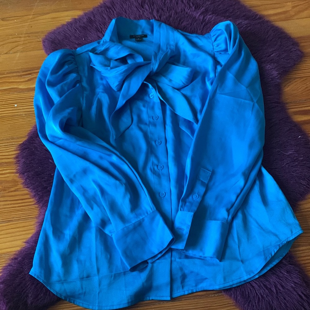 Ann Taylor Bright Blue Button-Up Bow Blouse